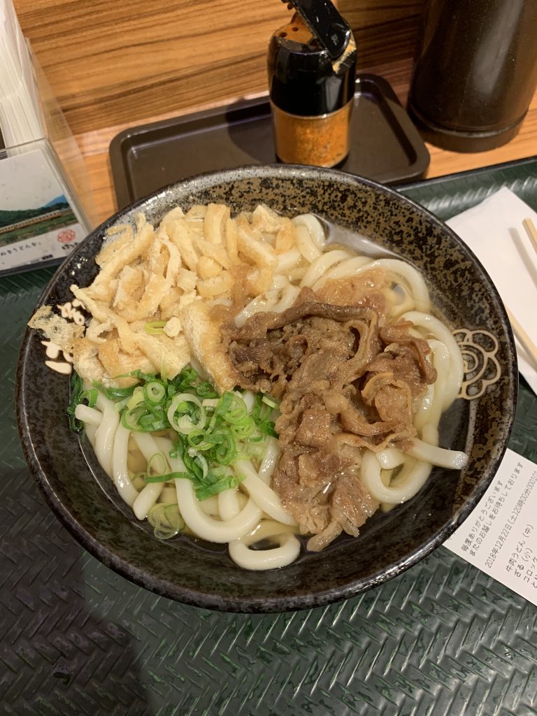 Udon noodles with beef in a bowl