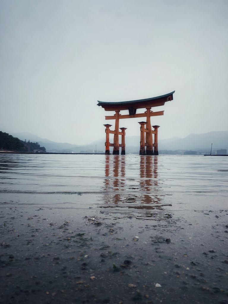 Itsukushima Shrine with water in