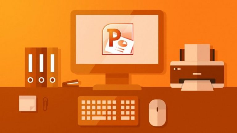 Cartoon graphic of computer desk with powerpoint