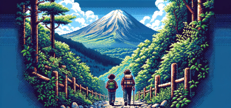 Pixel art image of two hikers in a 16-bit video game style, walking on a trail towards Mount Fuji, surrounded by a lush forest.
