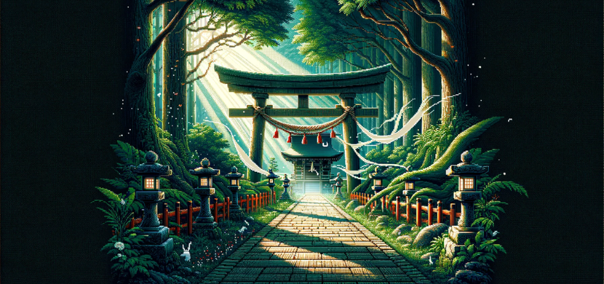 16-bit video game style illustration of a Shinto shrine in a forest, with a large torii gate, stone lanterns along a path, shide streamers, and Kodama-like spirits