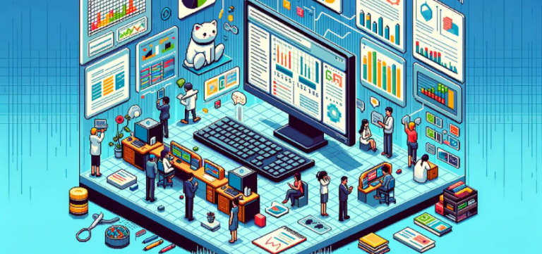 16-bit illustration of an NVivo training environment with multiple characters analyzing data on large computer displays, charts, and graphs, with a ChatGPT mascot assisting
