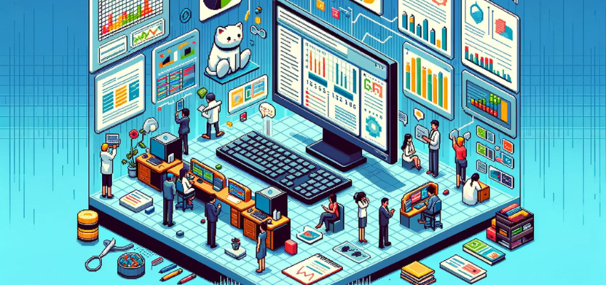 16-bit illustration of an NVivo training environment with multiple characters analyzing data on large computer displays, charts, and graphs, with a ChatGPT mascot assisting