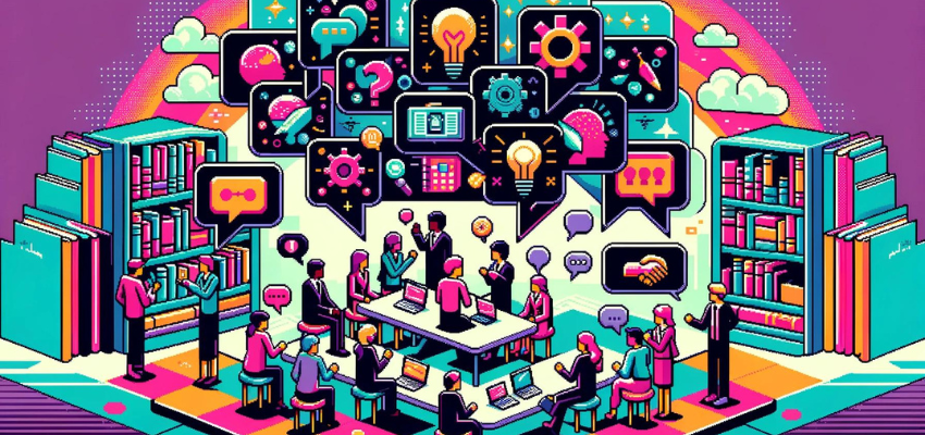 Colorful 16-bit pixel art illustration of a busy tech office environment with diverse employees engaging in conversations and working on computers, surrounded by bookshelves and floating icons representing creative and tech-related concepts