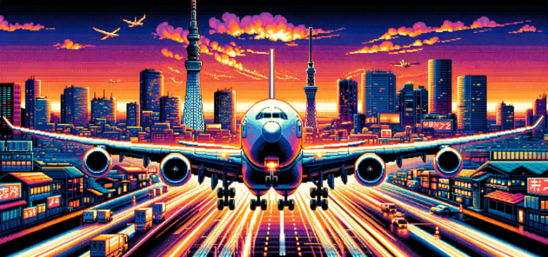 A 16-bit style pixelated image of an airplane landing at dusk in Tokyo. The city skyline glows with neon lights and sunset hues, featuring landmarks like Tokyo Tower and the Skytree. Streaks of light represent bustling city traffic, and a second airplane is visible in the sky.