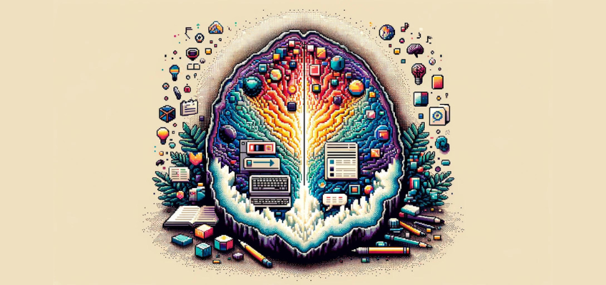 A 16-bit style header image for a blog post, featuring a pixelated geode at the center, split open to reveal vibrant, colorful crystals inside, symbolizing the depth and richness of thoughts. Surrounding the geode are icons representing the act of writing and metacognition, including a pixelated brain, thought bubbles, a pen, and a keyboard, all set against a digital, textured background that evokes a sense of openness and introspection. The overall design celebrates the raw, unpolished beauty of sharing one's personal reflections and ideas with the world in a classic video game aesthetic.