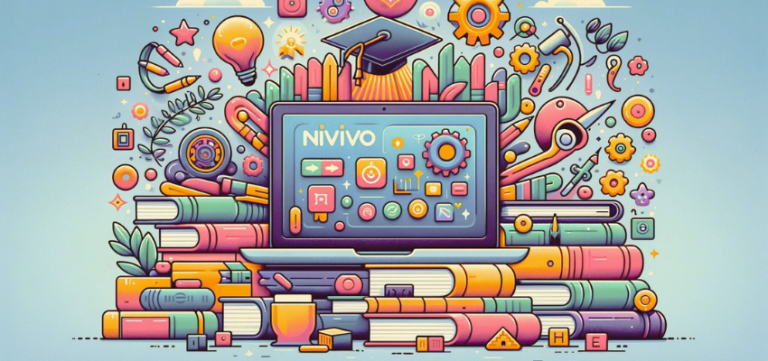 A vibrant and colorful illustration for a blog header featuring a central laptop screen displaying 'NVivo' software, surrounded by an energetic assortment of educational icons like books, graduation caps, gears, light bulbs, and DNA strands. Below the screen is a richly stacked array of books, signifying a foundation of knowledge. The playful and dynamic design is set against a light blue background, symbolizing a blend of technology and education.