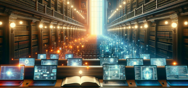 An artistic blog header image depicting a conceptual blend of classical and digital learning. The left side of the image presents a traditional library with rows of bookshelves and an open book on a desk, lit by warm, glowing lights. Transitioning to the right, the scene morphs into a digital realm with several laptops open, displaying futuristic, holographic data and codes, illuminated by cool blue light that emanates from a central, bright source at the end of the library's aisle. The image represents the merging of time-honored academic research with modern artificial intelligence technologies.