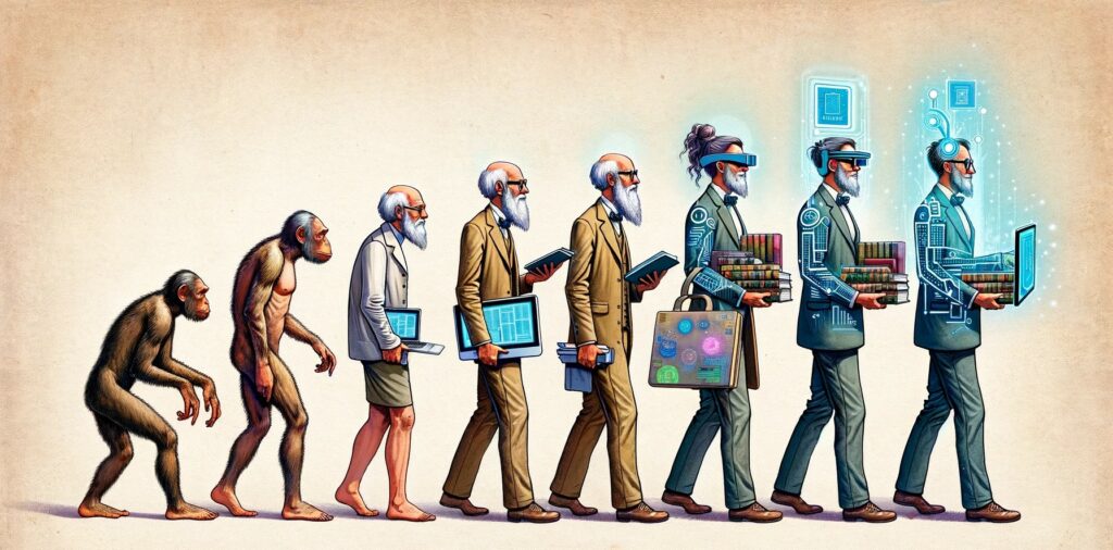 When I asked ChatGPT to draw the evolution of librarianship, this is what it gave me. The image is a creative illustration depicting the evolution of a librarian in a manner akin to the iconic "March of Progress" evolutionary diagram. It starts on the left with an ape-like figure and progresses through stages of hominid evolution. The figures gradually stand more upright and evolve into human forms, paralleling the stages of human evolution with the evolving role of librarians. The human figures transition from carrying books to holding laptops and eventually evolve into futuristic librarians equipped with advanced technology such as augmented reality glasses and holographic interfaces. This visual metaphor cleverly conveys the development of librarianship from its traditional roots to a technologically advanced future.