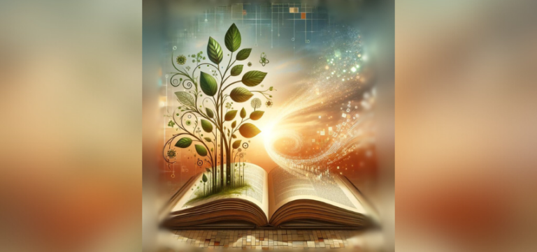 The image is a richly symbolic illustration blending themes of knowledge and growth. An open book rests on a surface, and from its pages, a flourishing tree sprouts, its leaves and vines swirling upward and outward. The background transitions from a warm, golden sunrise on one side to a cool, digital motif with pixels and binary code on the other. This artwork metaphorically represents the fusion of natural growth with the sunrise of ideas and the digital revolution, suggesting a harmonious blend between organic learning and technological advancement.