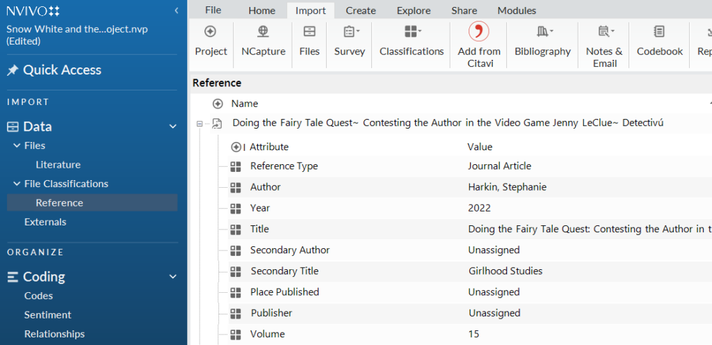 A screenshot from NVivo software showing the 'Reference' section under 'File Classifications' in the 'Quick Access' menu. In the main panel, there is a reference entry for a journal article. The details listed include the reference type as 'Journal Article', the author 'Harkin, Stephanie', the year '2022', and the title 'Doing the Fairy Tale Quest: Contesting the Author in the Video Game Jenny LeClue - Detectivú'. Additional fields like Secondary Author, Secondary Title, Place Published, and Publisher are present but unassigned. The journal name 'Girlhood Studies' is listed with a volume number '15'.