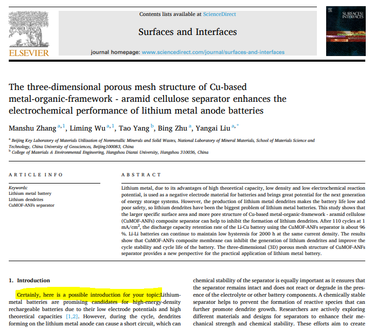 A peer-review article titled "The three-dimensional porous mesh structure of Cu-based metal-organic-framework - aramid cellulose separator enhances the electrochemical performance of lithium metal anode batteries" from the journal "Surfaces and Interfaces" published by Elsevier. The article features a list of authors and their affiliations, a section with keywords, and an abstract summarizing the study on lithium metal batteries. The introduction section highlights a sentence indicating it as a possible introduction for the topic, suggesting a sample or templated text.