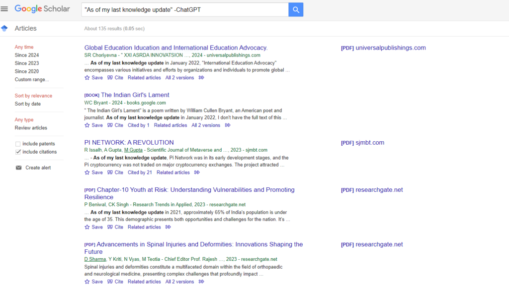 A screenshot from Google Scholar showing search results for the phrase "As of my last knowledge update" excluding the term "ChatGPT". The page lists various academic articles from different sources, with some of them containing the searched phrase within their content. The search results suggest a variety of topics ranging from global education advocacy to technological innovations in spinal injuries.
