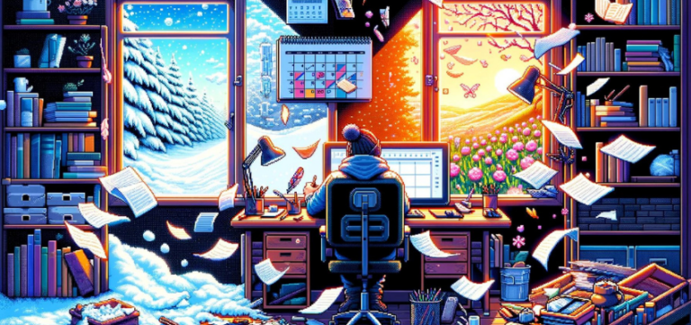 A vibrant 16-bit pixel art header depicts a person seated at a desk, gazing out of a window that showcases a dual scene. On the left, a winter landscape with falling snow and a snow-covered pine tree creates a serene atmosphere. To the right, the scene transitions to a warm, spring environment with cherry blossoms and a setting sun. The desk is cluttered with scattered papers and books, a calendar with pages flying off, and a computer screen, suggesting a busy work schedule. The image captures the balance of a writer's life, reflecting seasonal changes and the flow of time.