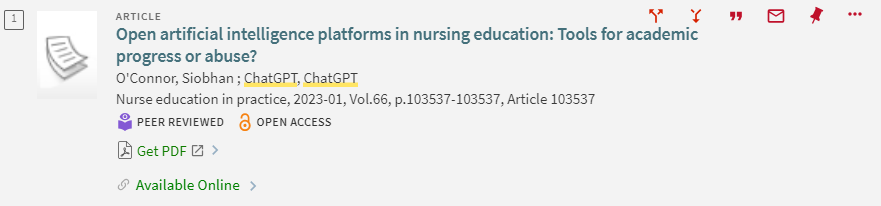 A catalog entry for a peer-reviewed article titled "Open artificial intelligence platforms in nursing education: Tools for academic progress or abuse?" by Siobhan O'Connor and ChatGPT, as listed authors. The article, appearing in "Nurse education in practice," is peer-reviewed, open access, and available online, published in January 2023, volume 66, with article number 103537. A link to get the PDF is also provided.