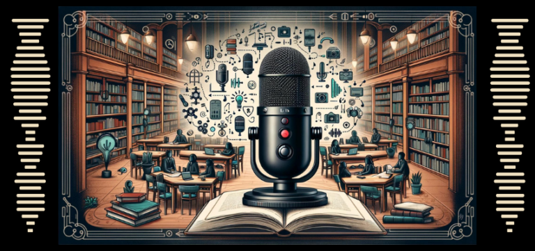 A stylized blog header image depicting a vintage library setting with wood bookshelves full of books. In the center, a modern, detailed illustration of a microphone (Yeti styled) sits atop an open book, symbolizing the fusion of traditional learning and contemporary technology. Surrounding the microphone are various icons and doodles representing audio and recording equipment, signifying the microphone's utility in different scenarios. The image has a decorative border reminiscent of art deco style, with vertical bars on the sides that suggest sound level indicators. The color palette consists of deep wood tones, black and gray for the microphone, and light blue accents, creating a professional and academic atmosphere.