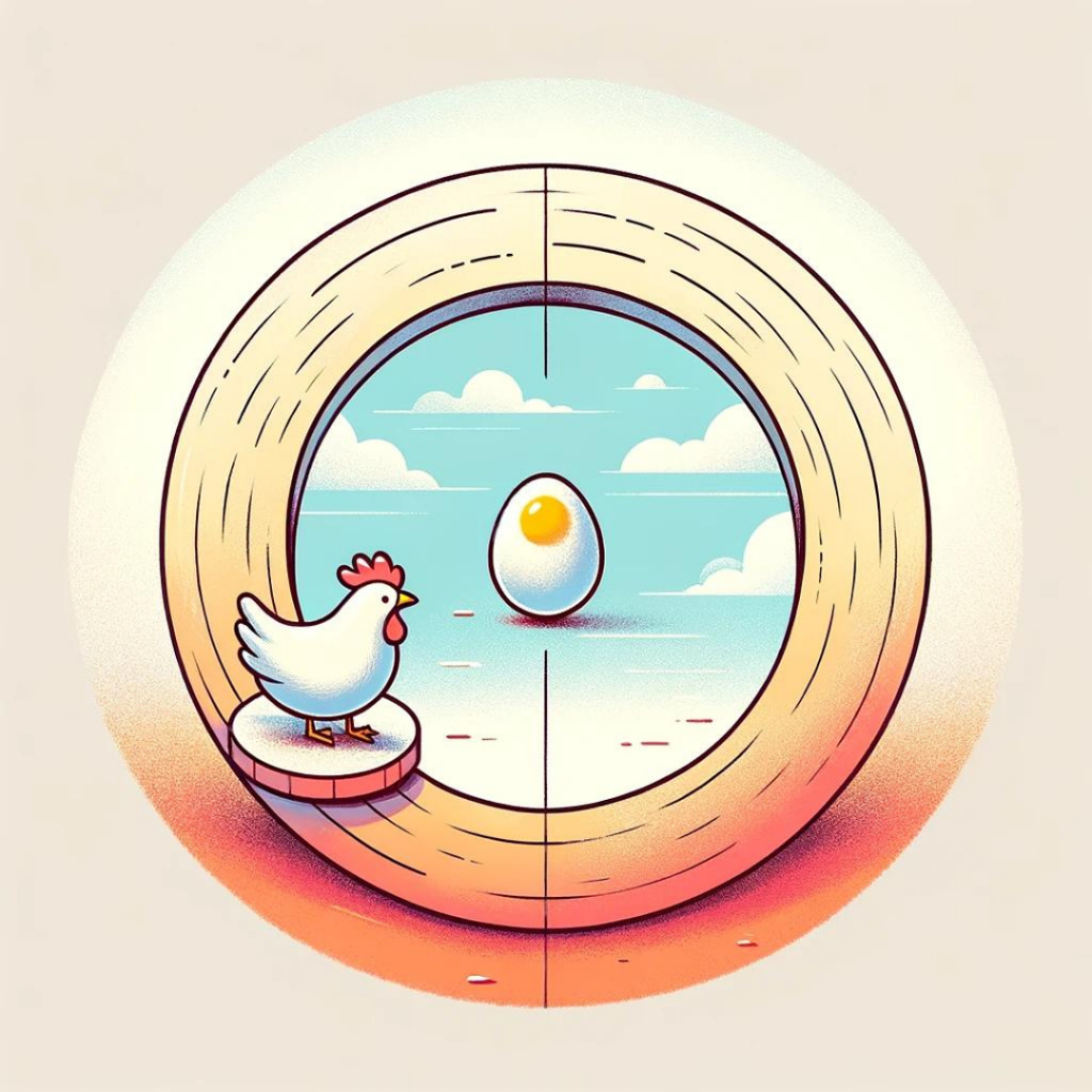 This image presents a whimsical depiction of the classic conundrum, "What came first, the chicken or the egg?" It features a circular layout with a chicken and an egg positioned to suggest an endless loop, embodying the eternal mystery of their origin. The background is abstract, utilizing soft, inviting colors to create a friendly atmosphere, encouraging viewers to engage with this timeless puzzle without providing a definitive answer.