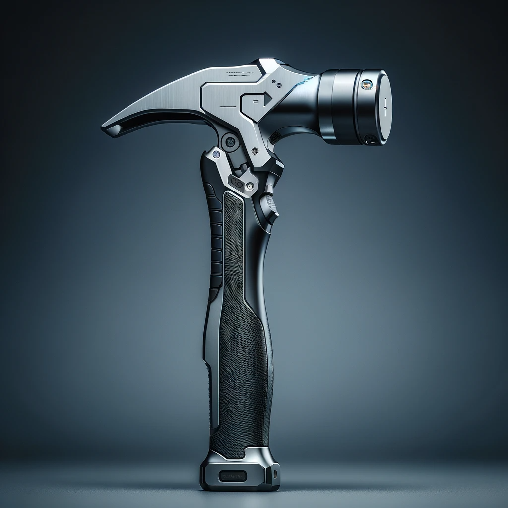This image created by ChatGPT's AI image generation, shows a highly stylized and futuristic hammer. The hammer has a sleek, metallic finish with complex, mechanical details. The head of the hammer has a modern design with angular shapes and is connected to an ergonomic handle with a textured grip. The handle features what appears to be an integrated digital display or control panel near the top. The bottom of the handle has a flared base, possibly for stability or additional impact when used. The background is a simple, unobtrusive gradient that focuses attention on the hammer. The overall design suggests a blend of functionality and advanced technology.