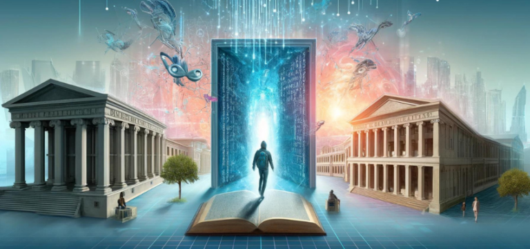 A digital art piece showcasing the convergence of traditional higher education and futuristic AI. It depicts a person stepping from an open book, symbolizing conventional learning, through a luminous, code-lined portal into a digital space. Classic university buildings flank the portal, while above, digital and educational elements merge, with neural networks and technological devices floating in the sky. This represents the theme 'Entering the Matrix: When Human and Machine Creations Become Indistinguishable' for a blog post header.