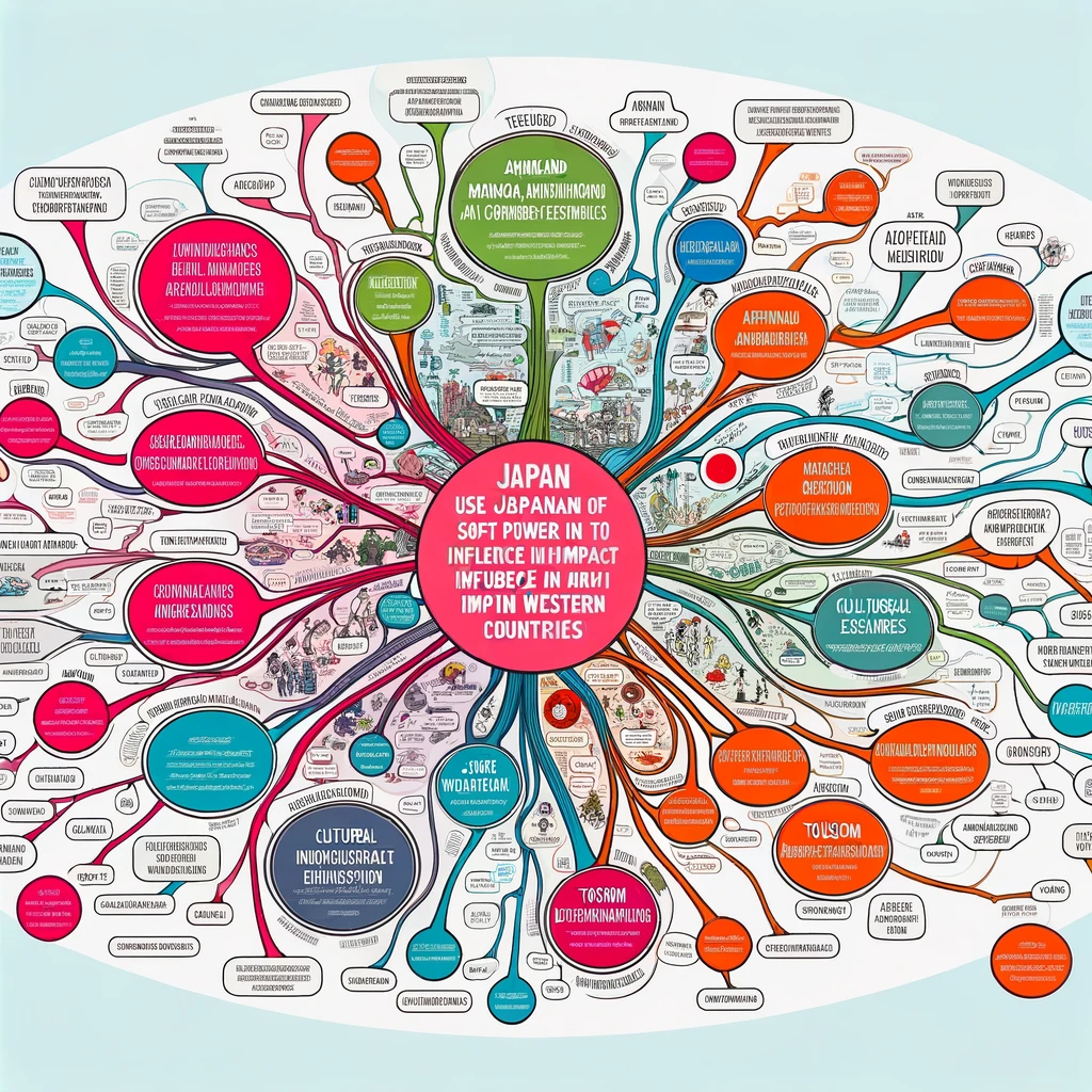 This image is a colorful and detailed mind map focusing on Japan's use of soft power to influence and impact Western countries. The central theme is highlighted in a large pink circle, from which numerous branches extend, categorizing various cultural exports and influences such as anime, cuisine, martial arts, and technology. Each branch is further subdivided into specific examples, with each element contained in its own uniquely colored oval, making a complex web of interconnected influences. The background features a stylized, intricate illustration of cityscapes and cultural icons, adding a visual richness to the information presented. Unfortunately, most of the text is illegible as the text was generated by ChatGPT.
