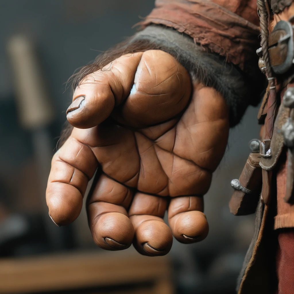 This image displays a close-up view of a fantasy dwarf's right hand, showcasing that he has only three fingers. The hand is robust and weathered, with visible callouses and a rough texture, highlighting a life of manual labor. The backdrop is softly blurred, suggesting a rustic and aged workshop environment.