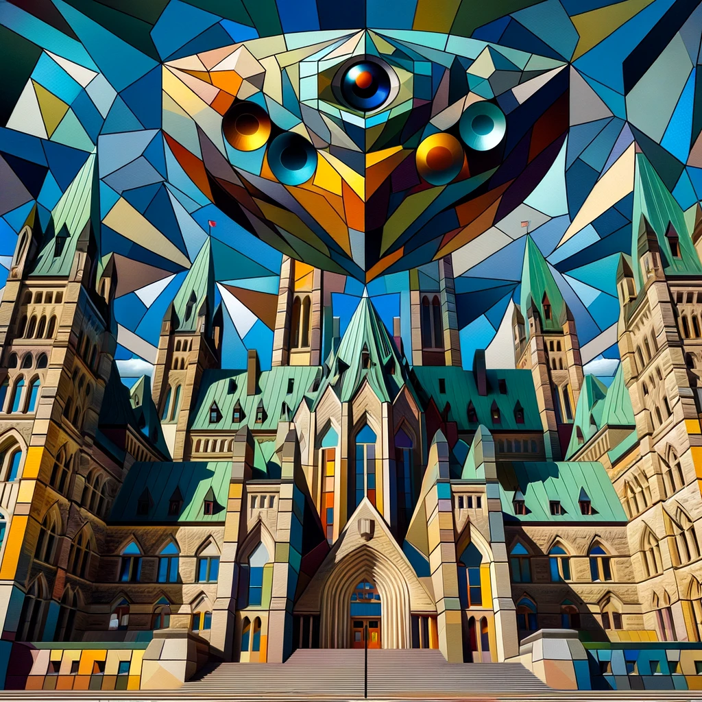 This image created by ChatGPT's AI image generation, depicts a cubist interpretation of the Canadian Parliament buildings, dramatically transformed into an array of geometric shapes in bold, vivid colors. Above the Parliament, an abstract, multi-eyed UFO dominates the sky, composed of similar cubist forms and a spectrum of colors that echo those of the architecture below. The entire composition is a dynamic and modern reimagining of a classic scene, presented through the fractured and multifaceted perspective characteristic of cubism.