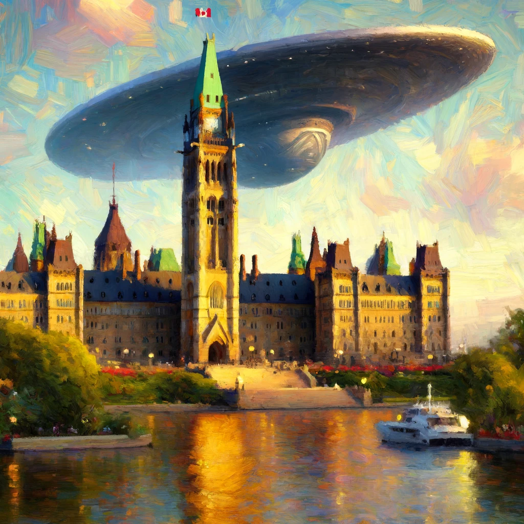 This image created by ChatGPT's AI image generation, which depicts a vibrant impressionist-style painting depicting the Canadian Parliament buildings in Ottawa with a massive UFO hovering above. The Parliament's iconic Gothic Revival architecture is rendered with bold, expressive brushstrokes in a palette of bright colors, reflecting the warm sunlight. In the foreground, the tranquil surface of the Ottawa River captures reflections, and a boat glides on the water, adding life to the scene. The UFO, large and disk-shaped with an array of colors, adds a striking and surreal contrast to the historical edifice below.