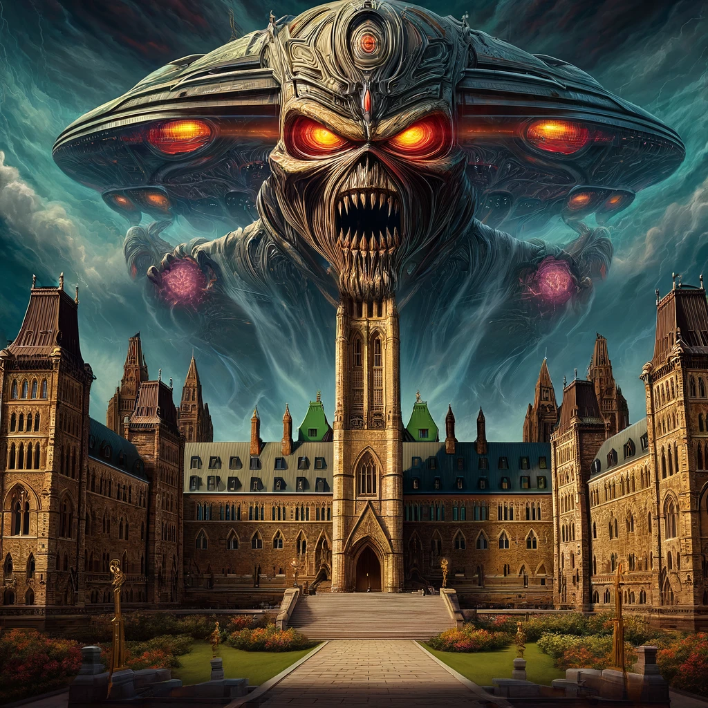 This image created by ChatGPT's AI image generation, depicts a dramatic and fantastical depiction of the Canadian Parliament buildings with a colossal, monstrous UFO looming overhead. The UFO is intricately detailed with mechanical and organic features, including glowing red eyes and a fearsome mouth agape, giving it a sinister appearance. The Parliament below is accurately represented with its Gothic Revival style, set against a brooding sky that enhances the ominous presence of the UFO. The scene merges historical architecture with science fiction horror, reminiscent of an album cover from the heavy metal band Iron Maiden.