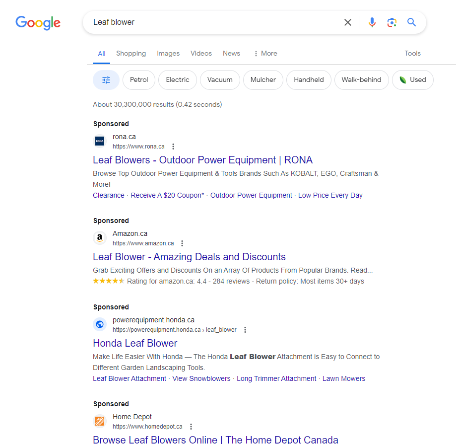 Screenshot of a Google search results page for 'Leaf blower' with indistinguishable sponsored and organic listings. The page shows four sponsored advertisements at the top, with links to RONA, Amazon, Honda, and Home Depot, each offering various deals on leaf blowers.