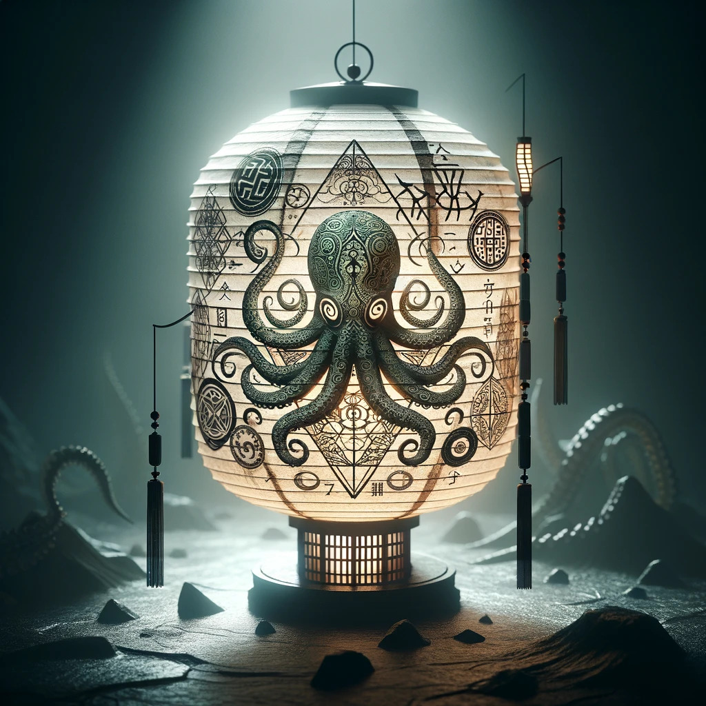 This image created by ChatGPT's AI image generation, features an intricate Japanese-style paper lantern, illuminated from within. The lantern is adorned with a detailed depiction of an octopus with swirling tentacles, evoking a Lovecraftian aesthetic. It's surrounded by various mystical and esoteric symbols, along with Japanese characters. Hanging tassels adorn the lantern, and it's placed in a misty, dimly lit setting that suggests a mysterious atmosphere. Tentacle-like shadows hint at the presence of other creatures outside the frame, adding to the enigmatic ambiance.