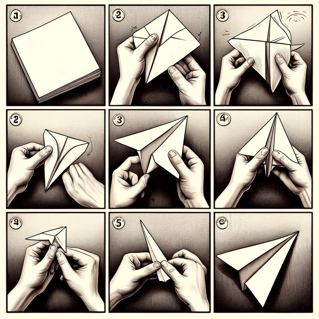 This image shows a step-by-step guide for folding a paper airplane. It consists of nine panels, each illustrated in a detailed, black-and-white comic style. The sequence starts with a stack of paper and progresses through various folds, demonstrated by hands, to form a paper airplane. The steps are numbered from 1 to 5, repeated as necessary to indicate the progression through the panels.