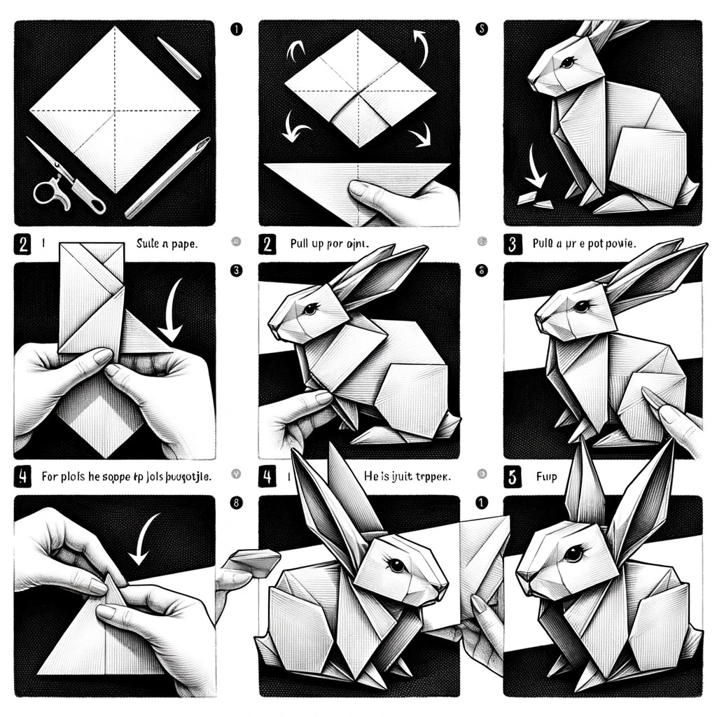 This image displays a step-by-step guide for folding an origami rabbit, illustrated in a detailed, black-and-white comic style across nine panels. The panels feature various tools and folds needed to create the origami figure. The instructions start with a square piece of paper, show the necessary folds through hands demonstrating each step, and progress to the final form of a rabbit. Each panel includes arrows and text captions, likely indicating directions for the folds, although the text appears to be in a jumbled or coded language.