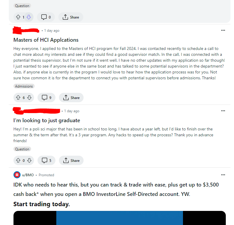 Screenshot of an online forum with three posts. The first post inquires about the Masters of HCI program application process and supervisor matching. The second post is from a political science major seeking advice on graduating early. The third is an indistinguishable sponsored post from BMO promoting their InvestorLine service with a cash back offer. All personal information is redacted.