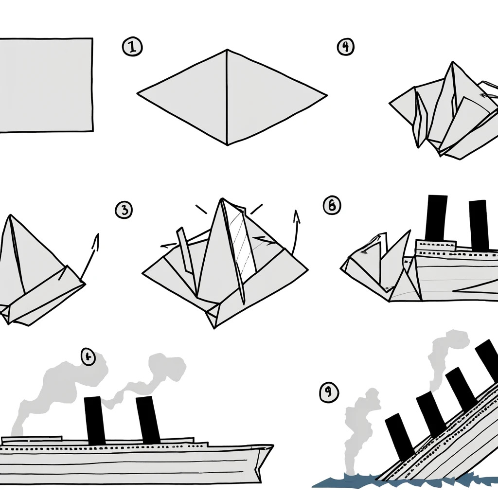 This image is a step-by-step guide for folding a paper model of the Titanic, presented in nine panels. The instructions begin with a simple rectangular piece of paper and proceed through various folds, demonstrated by drawings of hands manipulating the paper. The sequence includes shaping the basic form, adding intricate details like the ship's funnels, and culminates in a completed paper model of the Titanic, depicted with smoke coming from its funnels. The illustrations are simple, black and white line drawings, and each step is clearly numbered to guide the viewer through the folding process.