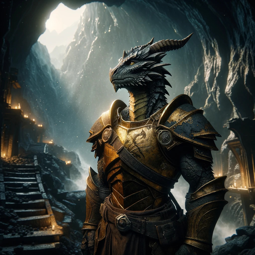 This image created by ChatGPT's AI image generation, portrays a powerful dragon standing upright in a humanoid pose, clad in ornate armor. The dragon's scales are a deep, charcoal grey, and its eyes are intent and piercing. The armor is a combination of gold and dark metal, intricately detailed with symbols and etchings that suggest a regal or knightly status. The background depicts a cave opening with natural light filtering in, creating a dramatic backlight for the figure. Steps with lit torches lead into the cavernous space, enhancing the fantasy setting and the majestic presence of the armored dragon.