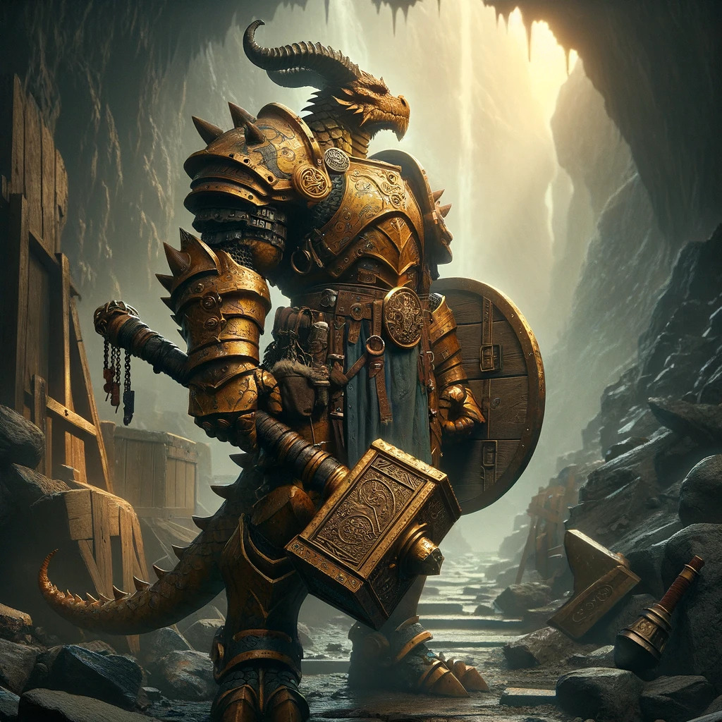 This image created by ChatGPT's AI image generation, shows a dragon in humanoid form, fully armored, standing within a rugged cave or ruins. The armor is richly adorned with gold accents and intricate designs, signifying a high rank or noble status. The dragon wields a hammer and shield, both of which are as ornately decorated as the armor. Sunlight streams in from an opening in the cave, casting a hazy, ethereal light over the scene. The dragon's posture is noble and battle-ready, surrounded by scattered debris, hinting at a recent skirmish or a guard post. The atmosphere is one of solemnity and ancient strength.