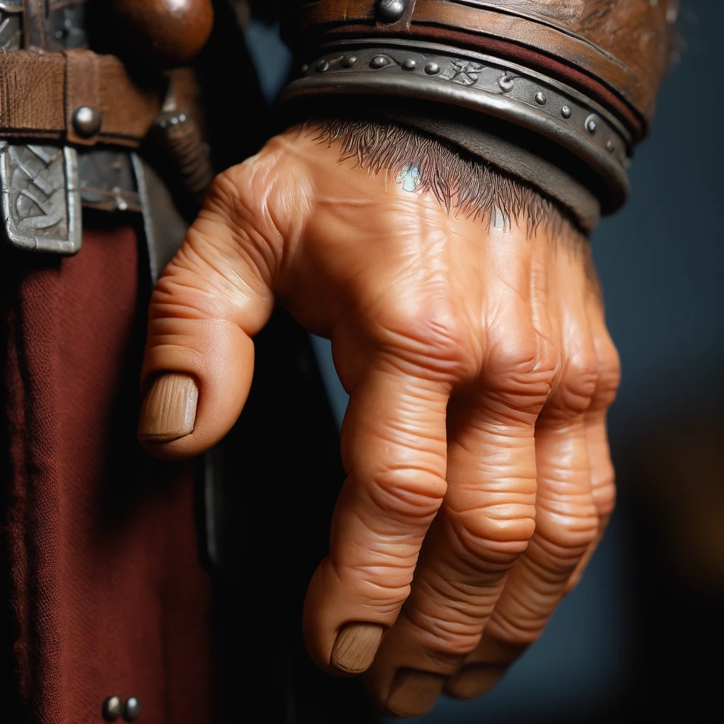 This image features a close-up of a fantasy dwarf character's right hand, displaying only three fingers. Each finger is detailed with rugged, calloused skin, indicative of heavy labor. The hand is part of a larger, muscular arm covered with a leather bracer adorned with metal details, hinting at the dwarf's warrior or craftsman role. The lighting highlights the textures of the skin and leather, enhancing the tactile quality of the image.