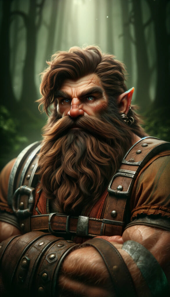 This image depicts a portrait of a dwarf character set against a mystical forest background. The dwarf features a rugged appearance with a thick, wavy brown beard and long hair, deep blue eyes, and a stern expression. His face shows a scar over his right eye, adding to his battle-hardened look. He's adorned with leather and metal armor, suggesting a warrior or blacksmith role, and detailed with rustic straps and buckles, highlighting his fantasy setting.
