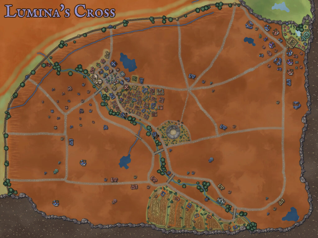 An "under development" fantasy map of Lumina's Cross, showcasing a town with a central dense cluster of buildings. Prominent features include a large circular structure (arena) near the center, small lakes scattered throughout, and a network of roads connecting various areas. The town is surrounded by a river to the north, rocky terrain to the south, and green fields to the east. The western side features farmlands, and trees are dotted across the landscape. The map has an earthy color scheme with vibrant accents highlighting significant structures and areas.