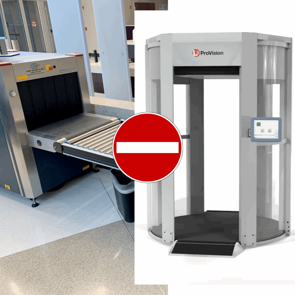 A composite image showing two types of airport security scanners: on the left, a baggage X-ray scanner with a conveyor belt; on the right, a full-body scanner labeled "ProVision." A red "Do Not Enter" symbol is overlaid in the center, indicating that certain items or individuals should not pass through these scanners.