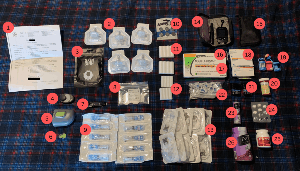 A wide array of organized medical supplies laid out on a blue and red plaid fabric surface. Items include prescription papers, insulin pens, infusion sets, glucose meter with case, batteries, adhesive patches, lancets, various medications, skin preparation wipes, and supplements.
